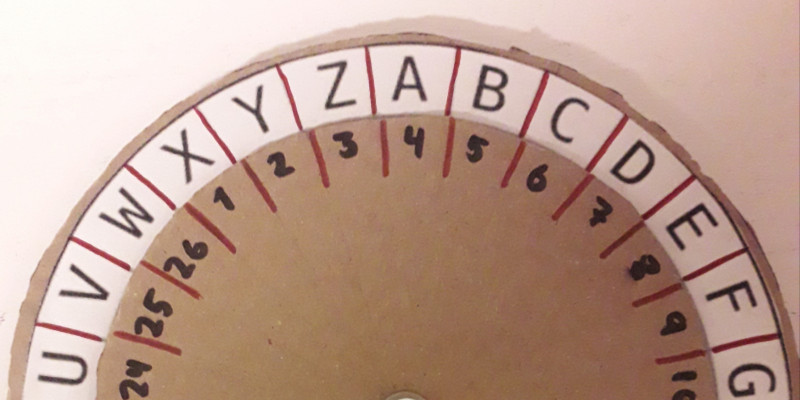 Cæsars Cipher er et kodeinstrument, der kan konstrueres af en papskive med tal- og bogstavrækker. 