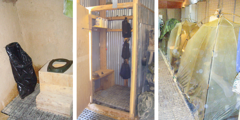 Et primitivt toilet, et primitivt brusebad og primitive telte.