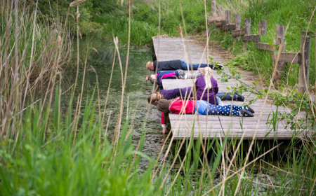Børn der leger med vand på en træbro